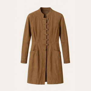 Tan Pea Coat with Long Sleeves and Relaxed Fit
